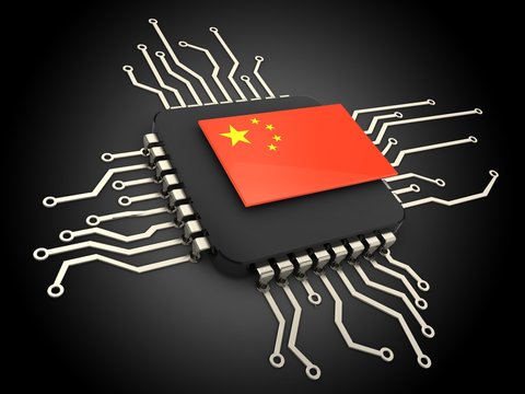 3d illustration of computer chip over black background with china flag