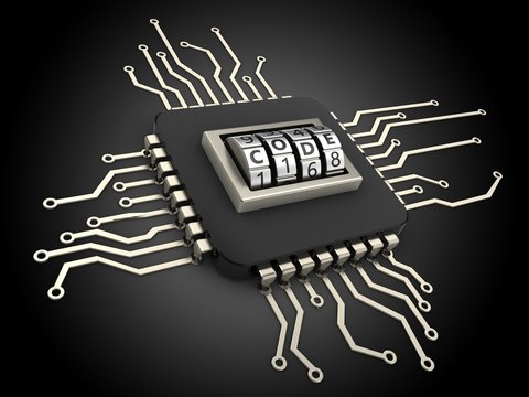 3d illustration of computer chip over black background with code lock dial