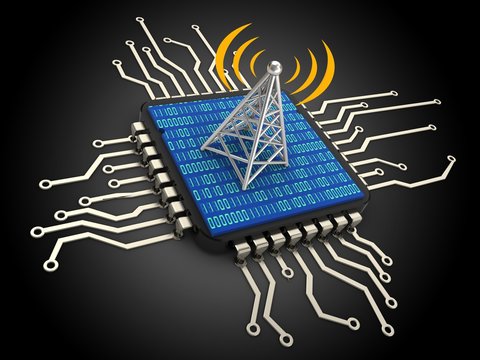 3d illustration of computer chip over black background with antenna and binary code inside
