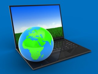 3d illustration of laptop computer over blue background with meadow screen and globe