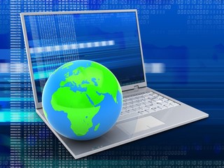 3d illustration of laptop over digital background with digital screen and globe