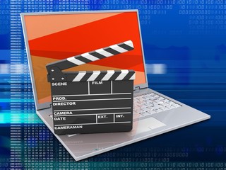 Fototapeta na wymiar 3d illustration of laptop over digital background with red screen and film clap