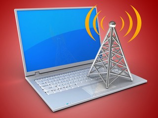 3d illustration of laptop over red background with blue reflection screen and antenna