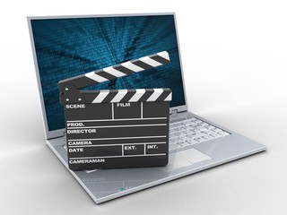 Fototapeta na wymiar 3d illustration of laptop over white background with binary data screen and film clap