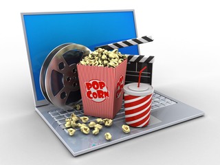 3d illustration of laptop over white background with blue reflection screen and cinema