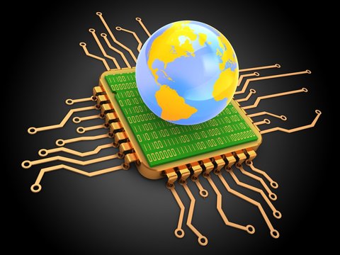 3d illustration of golden computer processor over black background with earth globe and with code inside