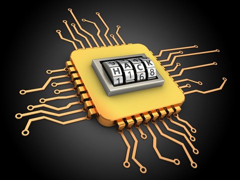 3d illustration of golden computer processor over black background with code dial