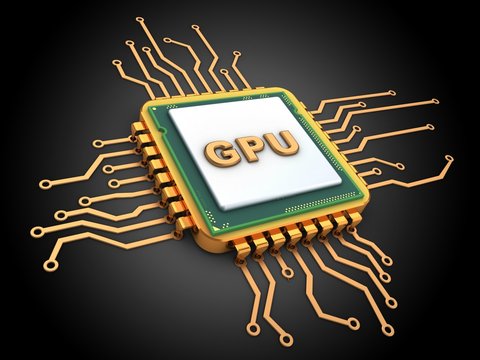 3d illustration of golden computer processor over black background with gpu sign