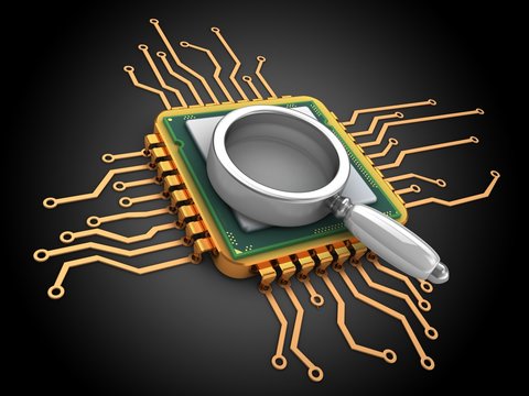 3d illustration of golden computer processor over black background with magnify glass