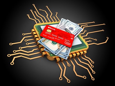 3d illustration of golden computer processor over black background with money