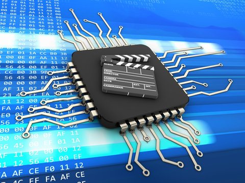 3d illustration of computer chip over code background with film clap