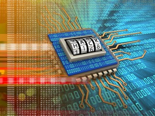 3d illustration of electronic board over digital background with code dial and binary code inside