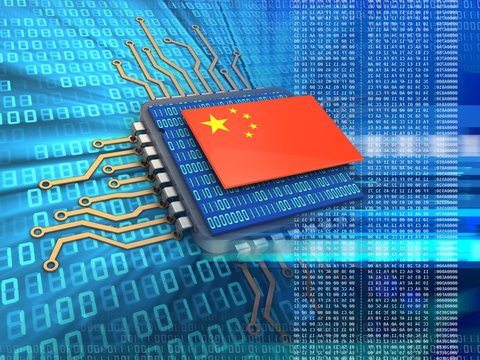 3d illustration of electronic microprocessor over digital background with china flag and binary code inside