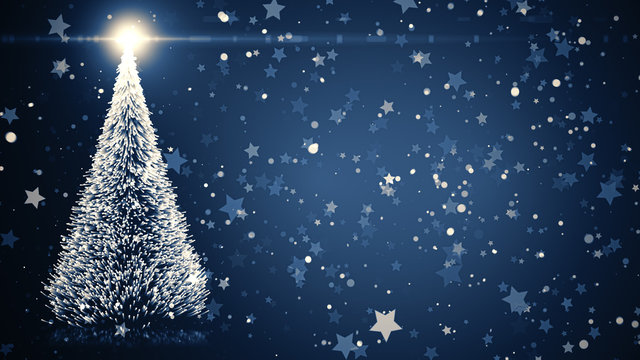 Christmas tree with shining light, falling snowflakes