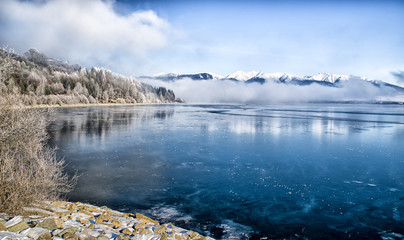 Lake Liptovska Mara covered in ice