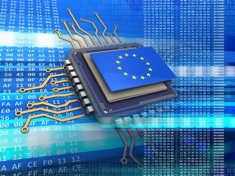 3d illustration of electronic microprocessor over code background with EU flag