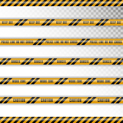 Vector illustration set of caution tapes with shadow on transparent background. Keep out, police line, do not cross, danger, work zone, caution.