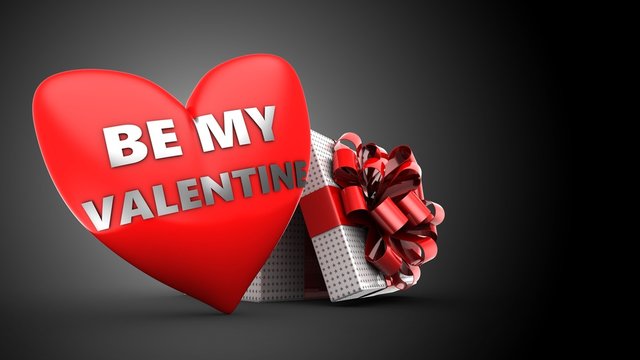 3d illustration of red heart over black background with opened box and be my valentine sign