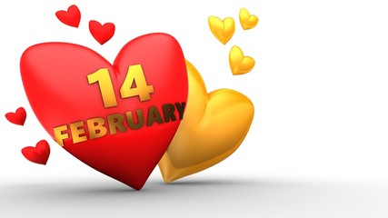 3d illustration of red heart over white  background with orange and red hearts and 14 february sign