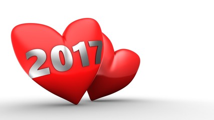 3d illustration of red heart over white  background with second red and 2017 year sign