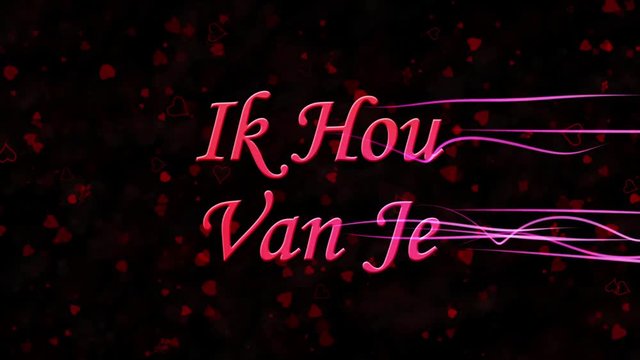 "I Love You" text in Dutch "Ik Hou Van Je" formed from dust and turns to dust horizontally with moving stripes on black animated background
