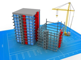 3d illustration of crane over blueprint background with building