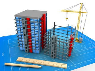 3d illustration of building over blueprint background with crane