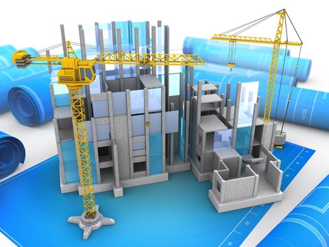 3d illustration of building construction over blueprints background with crane