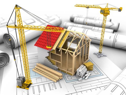 3d illustration of frame house construction over drawing rolls background with crane