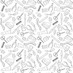 Hand drawn sketch illustration of professional manicure set with nail scissors, nail file, nail polish, cream, LED or UV lamp, Cuticle Nippers seamless pattern background on abstract. Coloring book