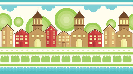 Seamless horizontal pattern element. Calm village in flat simple style.