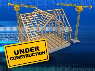 3d illustration of wooden house frame over digital background with two cranes