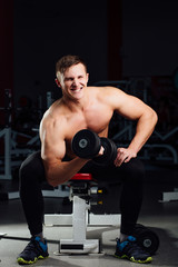 Fototapeta na wymiar professional bodybuilder do exercises for biceps sitting on the bench, with dumbbells at gym. Big