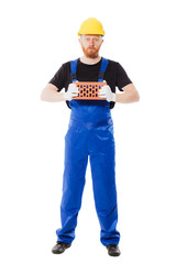 Man builder in the uniform on the white background