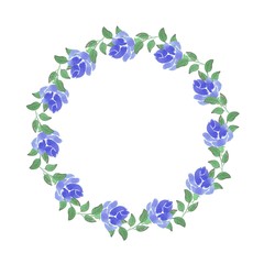 a wreath of blue roses. Watercolor painting. Hand drawing. Decorative element for greeting card, Invitation card.