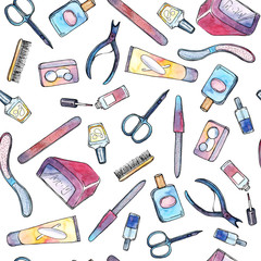 Fototapeta na wymiar Watercolor hand drawn sketch illustration of professional manicure set with nail scissors, nail file, nail polish, cream, LED or UV lamp, Cuticle Nippers seamless pattern background