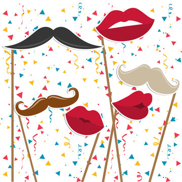 men's mustaches and female lips on a colored background of confetti. Masks for a photo shoot.