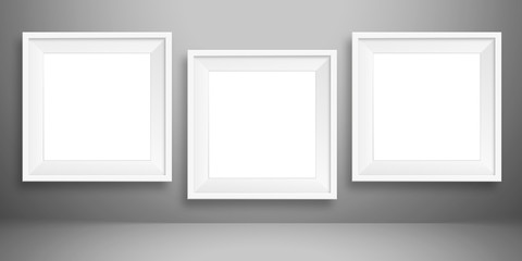 blank picture photo frame template set isolated on grey wall white blank sheet of paper on the light grey background, mock-up illustration (poster, picture frame)