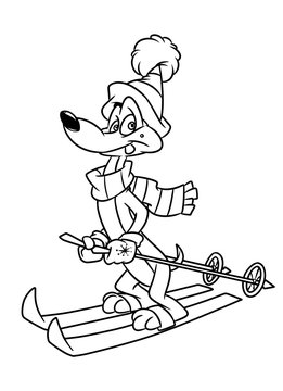 Dog dachshund skier winter coloring pages cartoon illustration isolated image character

