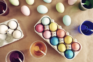 Top view of boiled Easter eggs