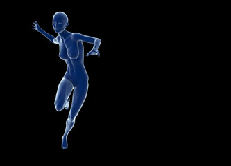 Slim attractive sportswoman running against a black background. 3d illustration