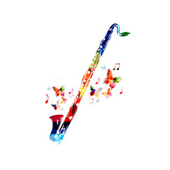 Colorful cassical bass clarinet with music notes isolated. Music instrument background vector illustration. Design for poster, brochure, invitation, banner, flyer, concert and festival