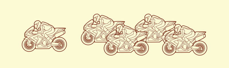 5 Motorcycles racing side view outline graphic vector.