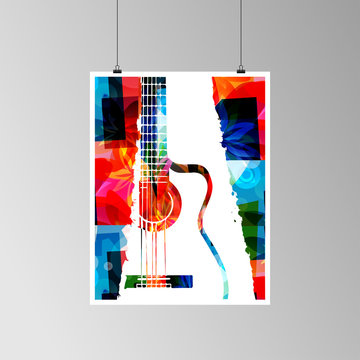 Colorful acoustic guitar vector illustration. Music instrument background. Design for poster, brochure, invitation, banner, flyer, concert and festival