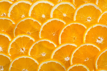 Bright orange background from slices of juicy Orange. Healthy fo