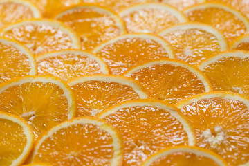 Bright orange background from slices of juicy Orange. Healthy fo