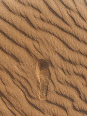 Dubai, UAE - May 30, 2013 - Sports shoes footprint in the sand on beach of Dubai desert