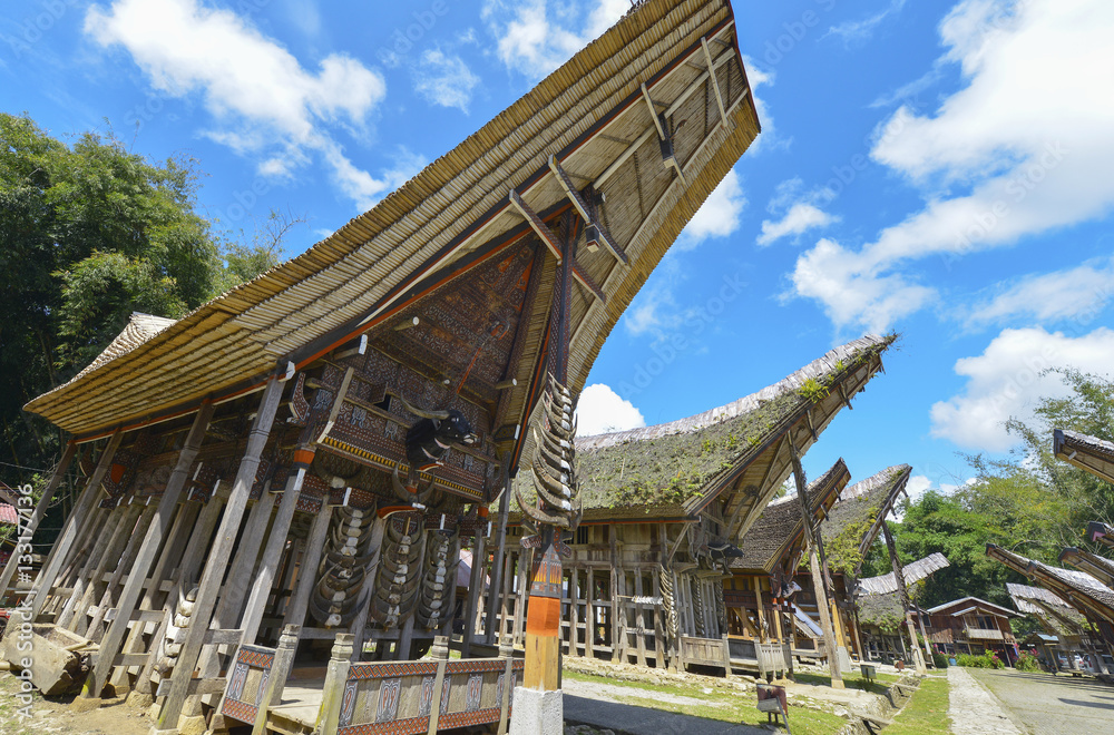 Poster Tongkonans, casas tradicionales en Kete Kesu, Tana Toraja, Sulawesi, Indonesia