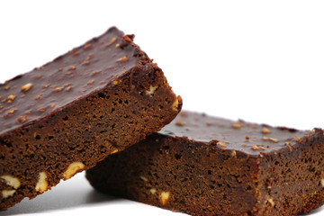 Almond chocolate brownie on white background