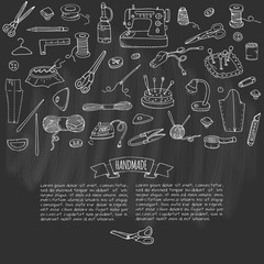 Hand drawn doodle Handmade icons set. Vector illustration. Sewing collection. Cartoon hand made various sketch elements: embroidery, jewelry making, button, needle, scissors, spool, pin, knitting